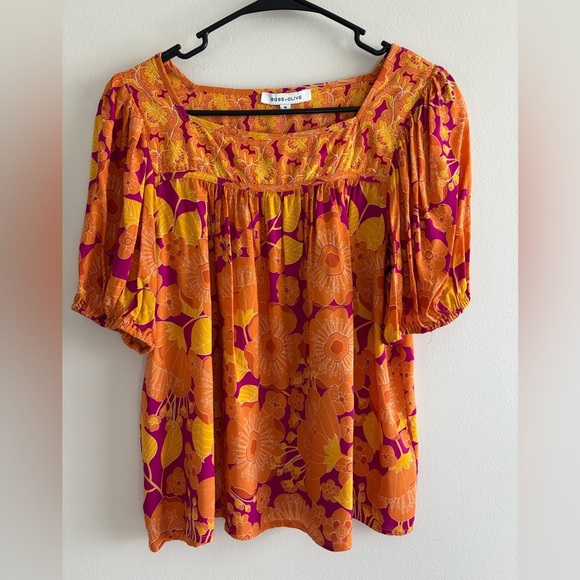 Rose & Olive Orange and Pink Puff Sleeve Floral Blouse size M - Picture 1 of 11